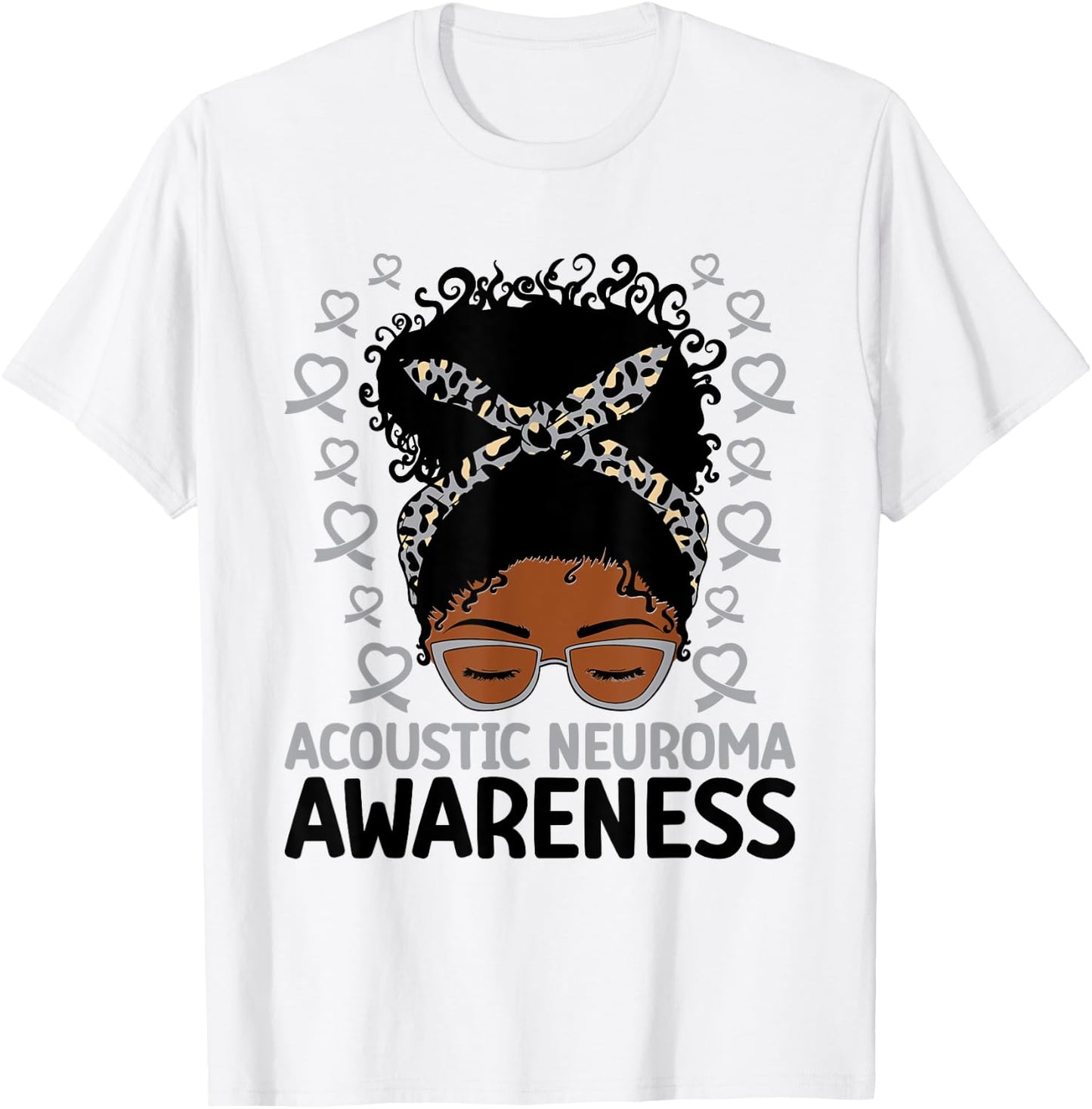 Acoustic Neuroma Awareness Women Messy Bun Gray Ribbon T-Shirt - T-Shirt | White