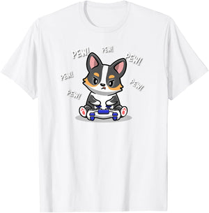 Funny Kawaii Kids Boy Video Gamer Black Tricolor Corgi Lover T-Shirt - T-Shirt | White