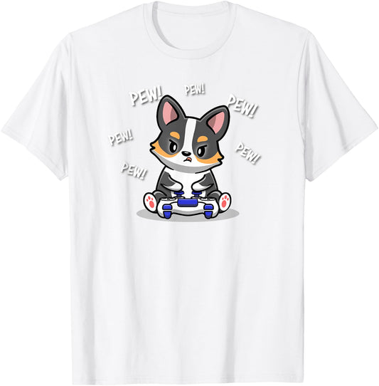Funny Kawaii Kids Boy Video Gamer Black Tricolor Corgi Lover T-Shirt - T-Shirt | White