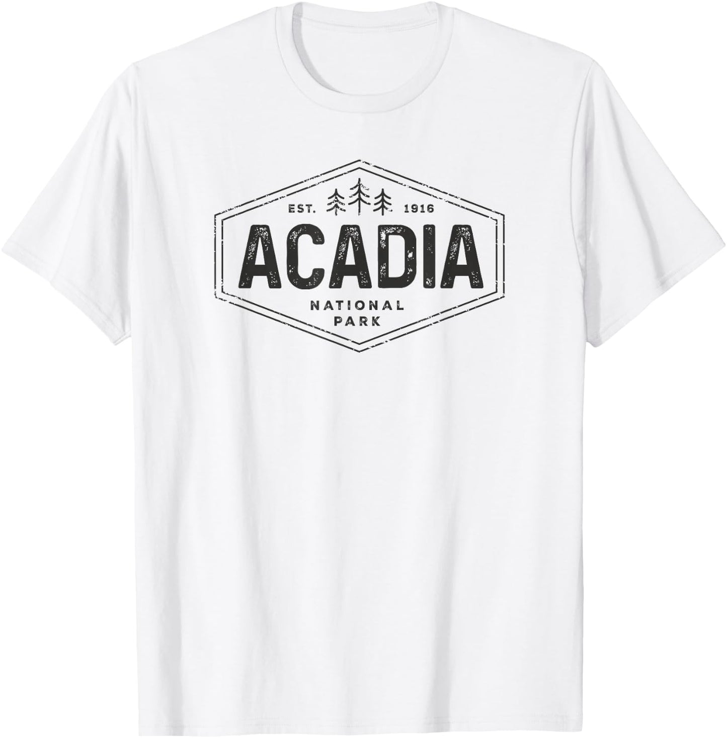 Acadia National Park Shirt Vintage Tree Hexagon Badge Hiking T-Shirt - T-Shirt | White