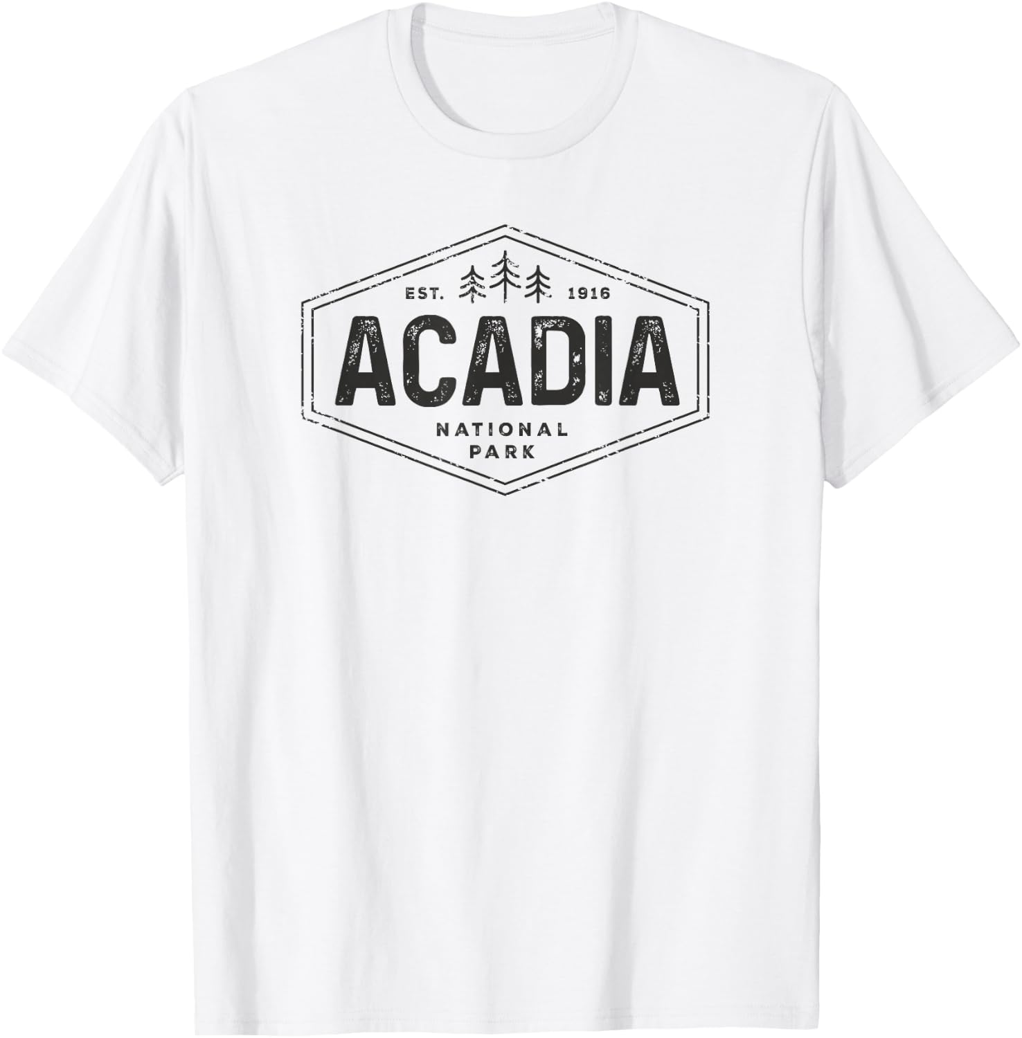 Acadia National Park Shirt Vintage Tree Hexagon Badge Hiking T-Shirt - T-Shirt | White