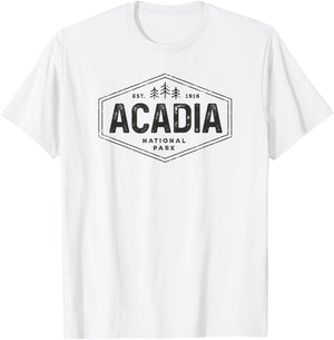 Acadia National Park Shirt Vintage Tree Hexagon Badge Hiking T-Shirt - T-Shirt | White