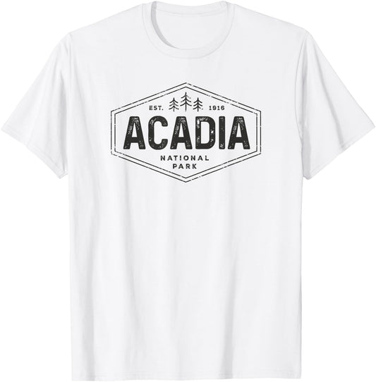 Acadia National Park Shirt Vintage Tree Hexagon Badge Hiking T-Shirt - T-Shirt | White