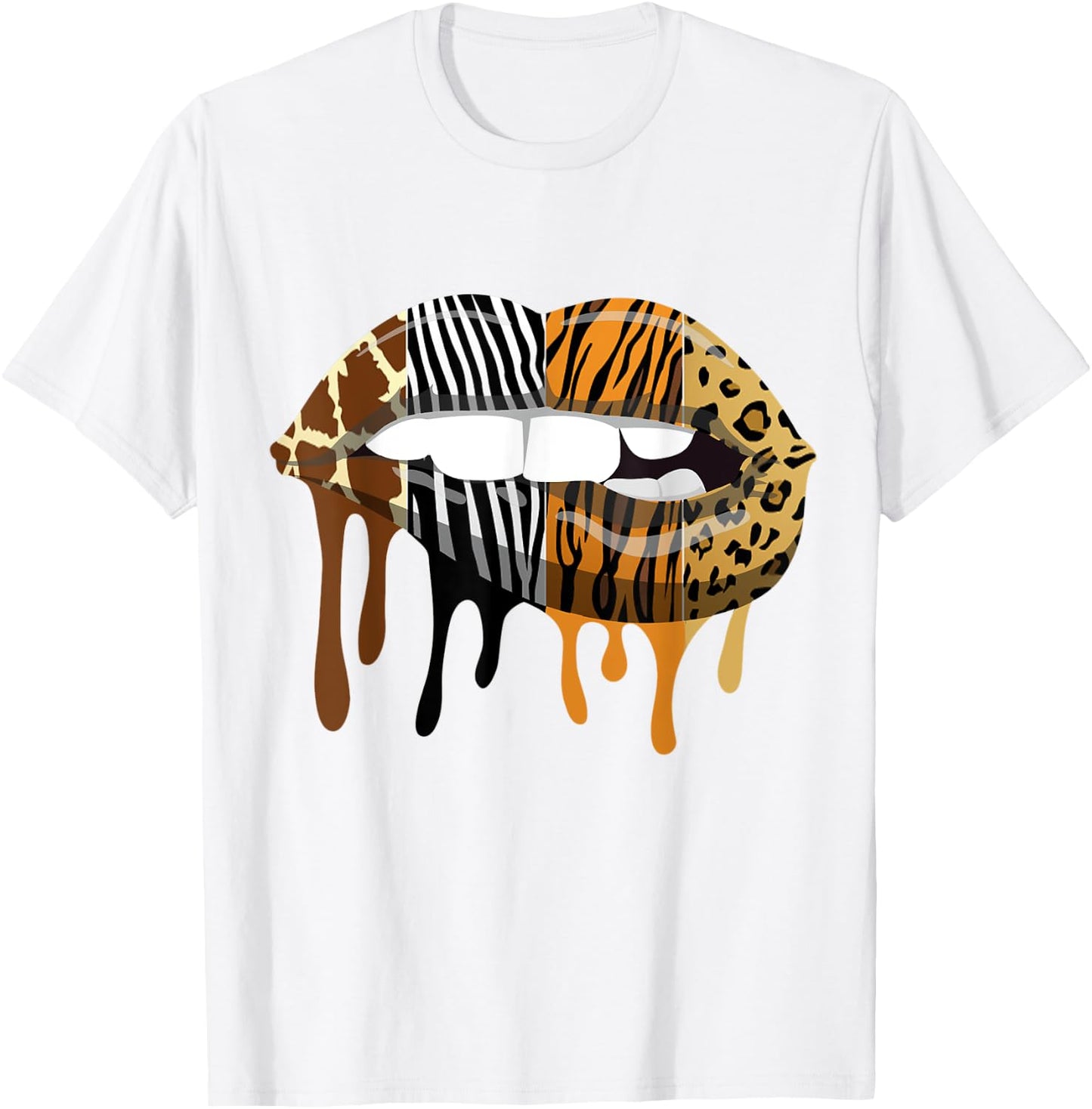 Sexy Biting Lips Animal Print Leopard Tiger Giraffe Zebra T-Shirt - T-Shirt | White