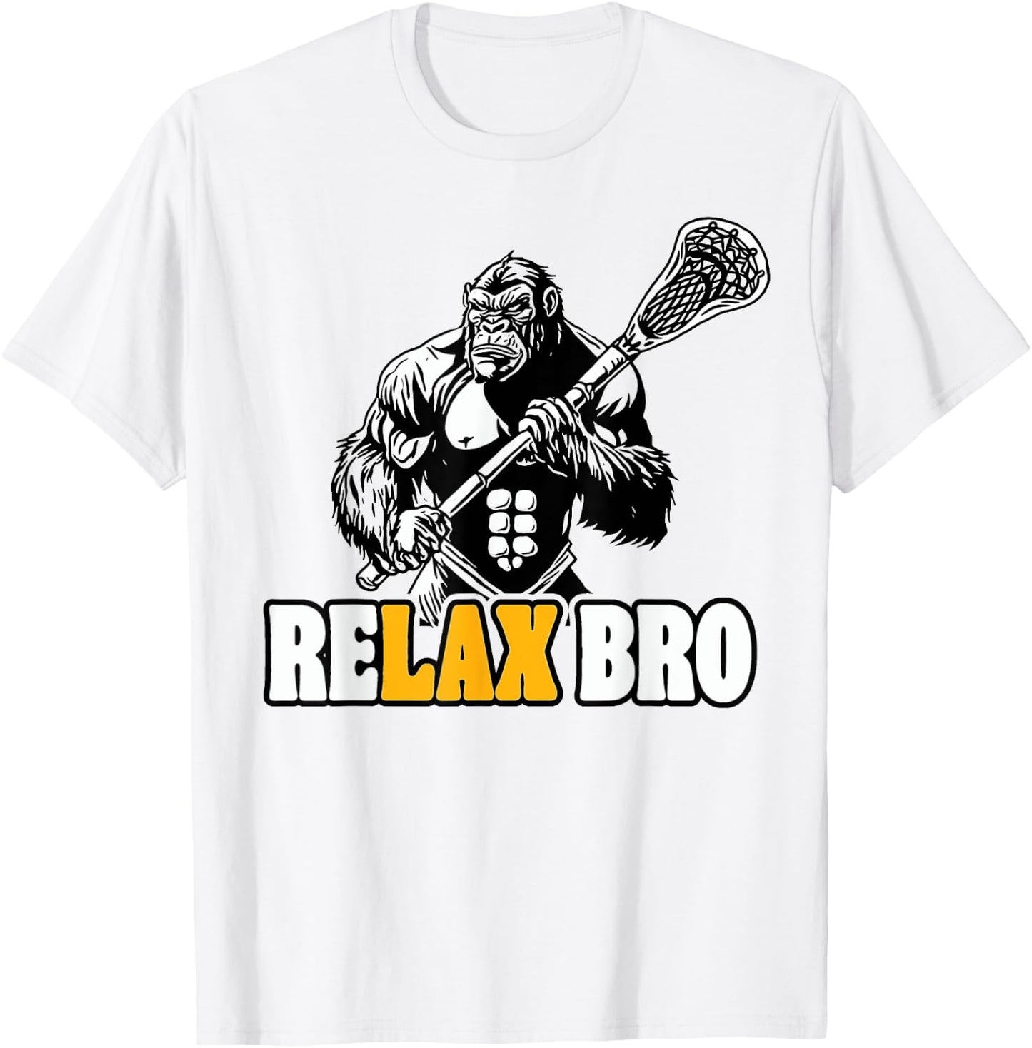 ReLax Bro Funny Gorilla Lacrosse Player Animal Lax T-Shirt - T-Shirt | White