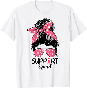 Support Squad Messy Bun Pink Warrior Breast Cancer Awareness T-Shirt - T-Shirt | White