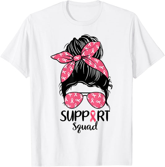 Support Squad Messy Bun Pink Warrior Breast Cancer Awareness T-Shirt - T-Shirt | White