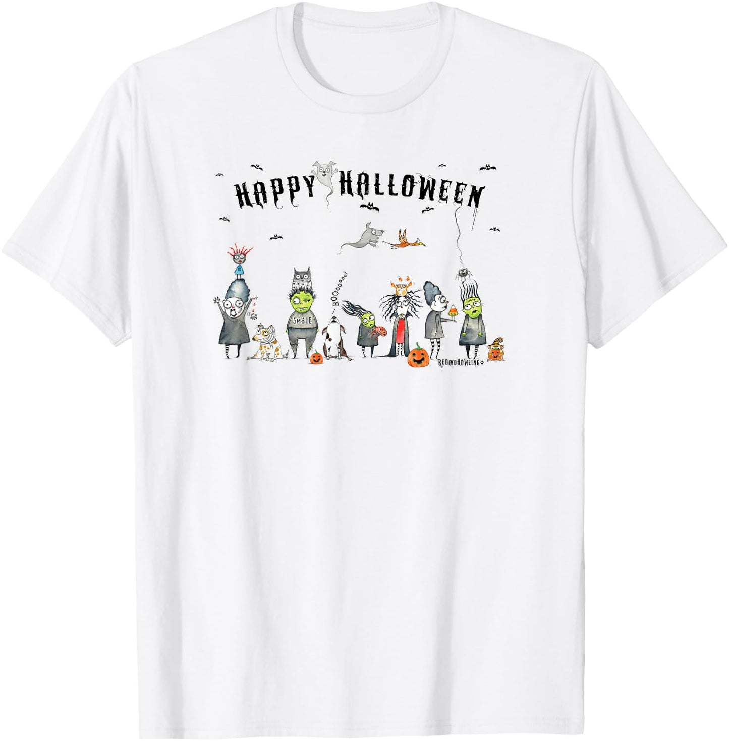 Red and Howling Spooky Friends Halloween Ghosts and Ghouls T-Shirt - T-Shirt | White