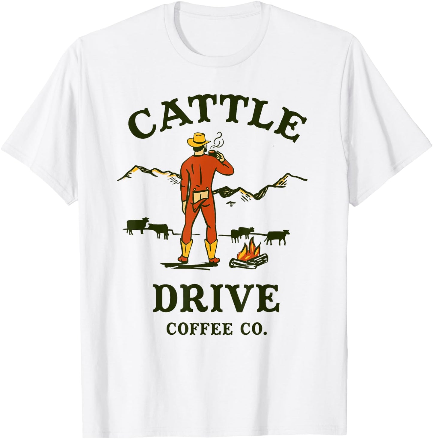 Cattle Drive Coffee Company: Funny Western Cowboy Mooning T-Shirt - T-Shirt | White