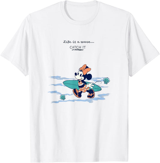 Disney Minnie Mouse Life Is A Wave Catch It Vintage Surfer T-Shirt - T-Shirt | White
