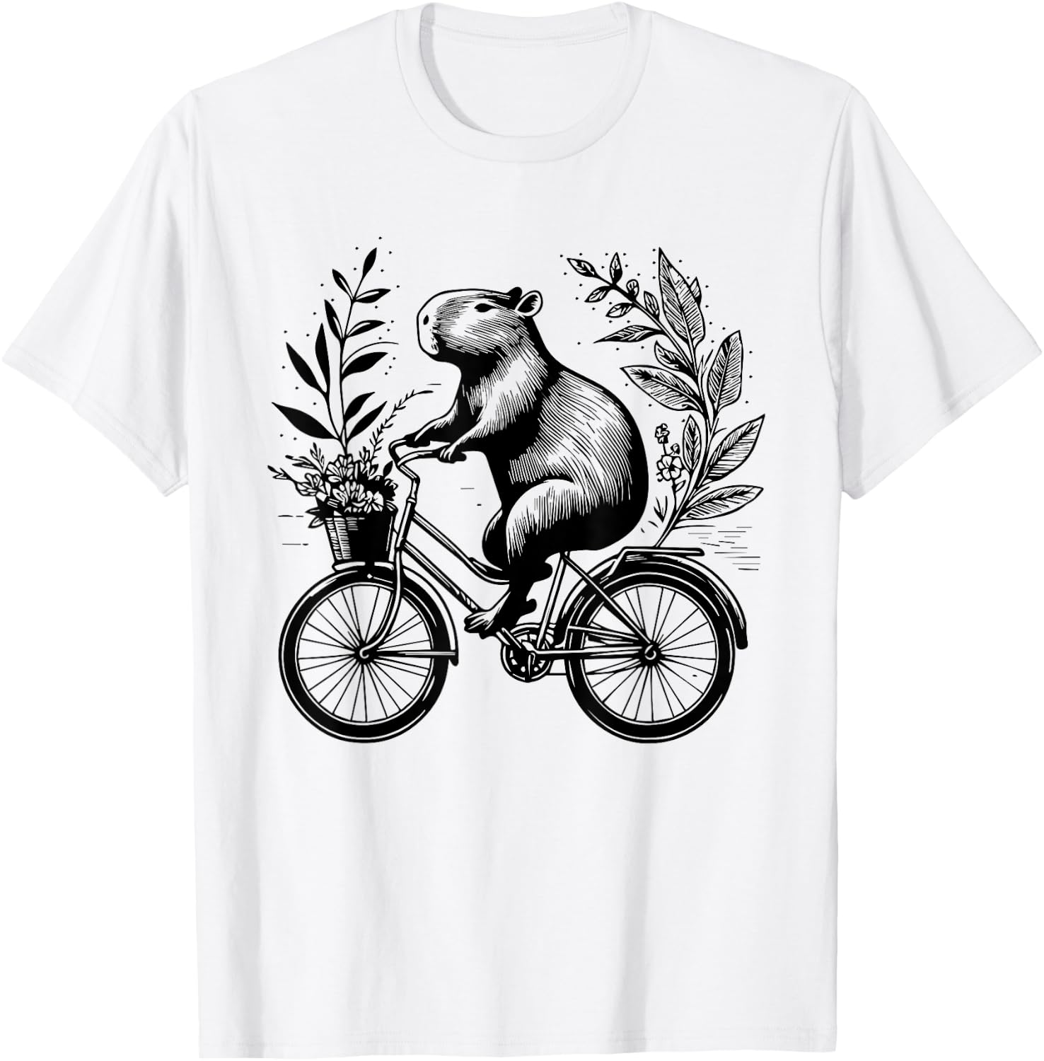 Capybara Riding Bicycle Floral Aesthetic Redent Capybara T-Shirt - T-Shirt | White