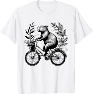 Capybara Riding Bicycle Floral Aesthetic Redent Capybara T-Shirt - T-Shirt | White