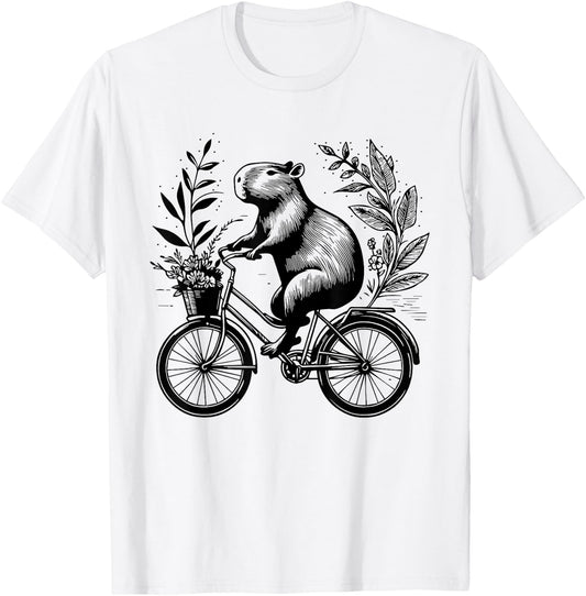 Capybara Riding Bicycle Floral Aesthetic Redent Capybara T-Shirt - T-Shirt | White