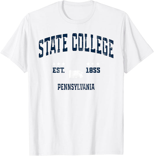 State College Pennsylvania PA Vintage Athletic Navy Sports T-Shirt - T-Shirt | White