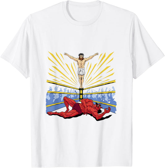 Jesus Wrestling Satan T-Shirt - T-Shirt | White