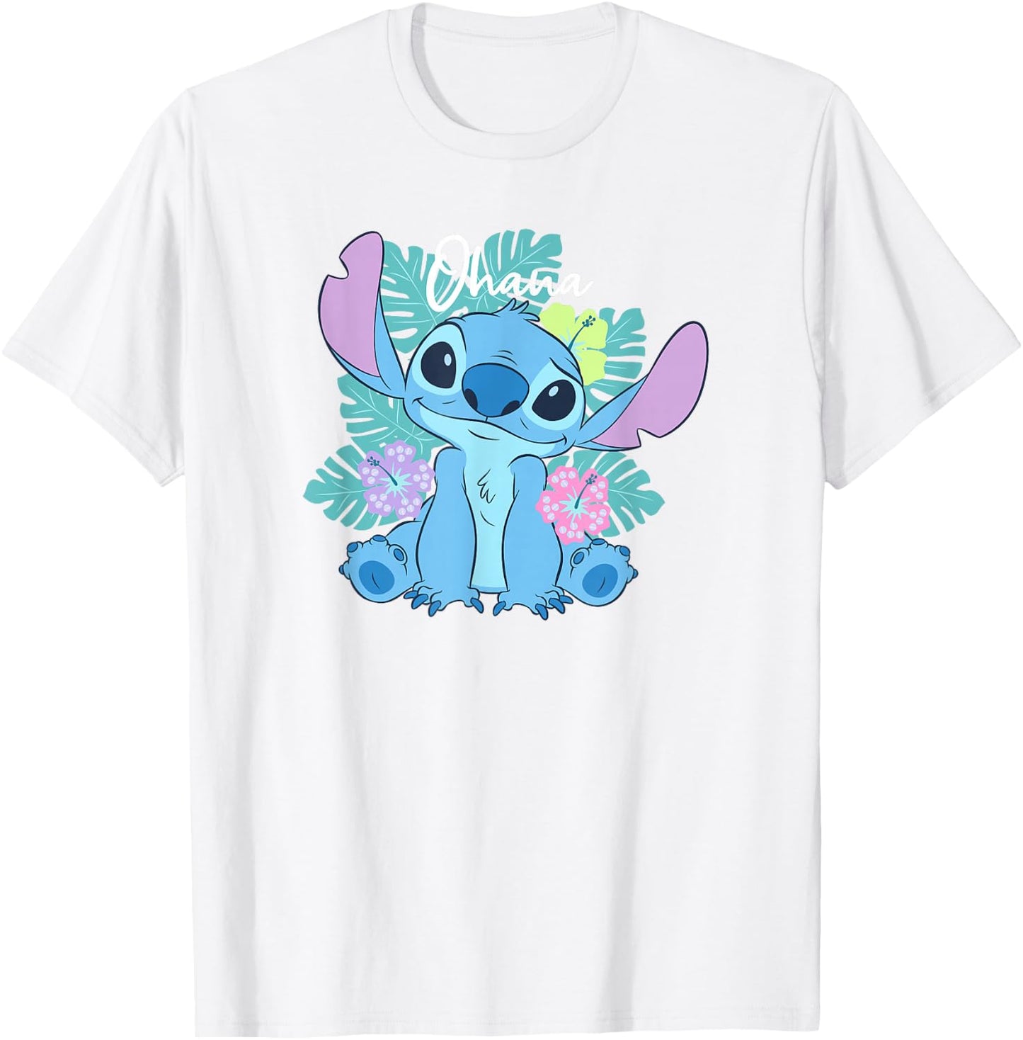 Disney Lilo & Stitch Ohana Adorable Pose Floral Logo T-Shirt - T-Shirt | White