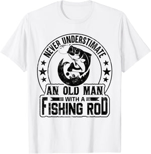 Never Underestimate an Old Man with a Fishing Rod Funny T-Shirt - T-Shirt | White