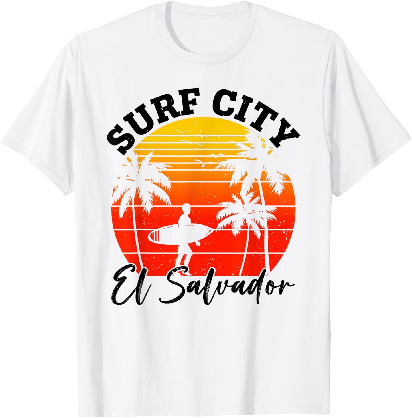 Surf City El Salvador Retro Sunset Surfer Man Woman Surfing T-Shirt - T-Shirt | White