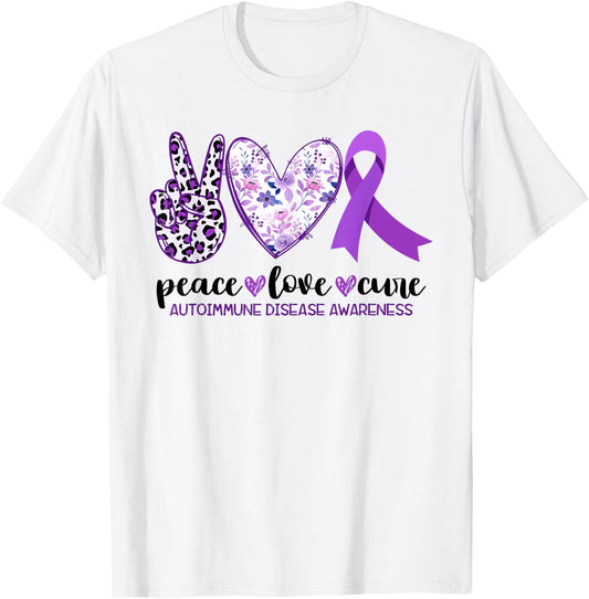 Peace Love Cure Autoimmune Disease Awareness Month T-Shirt - T-Shirt | White