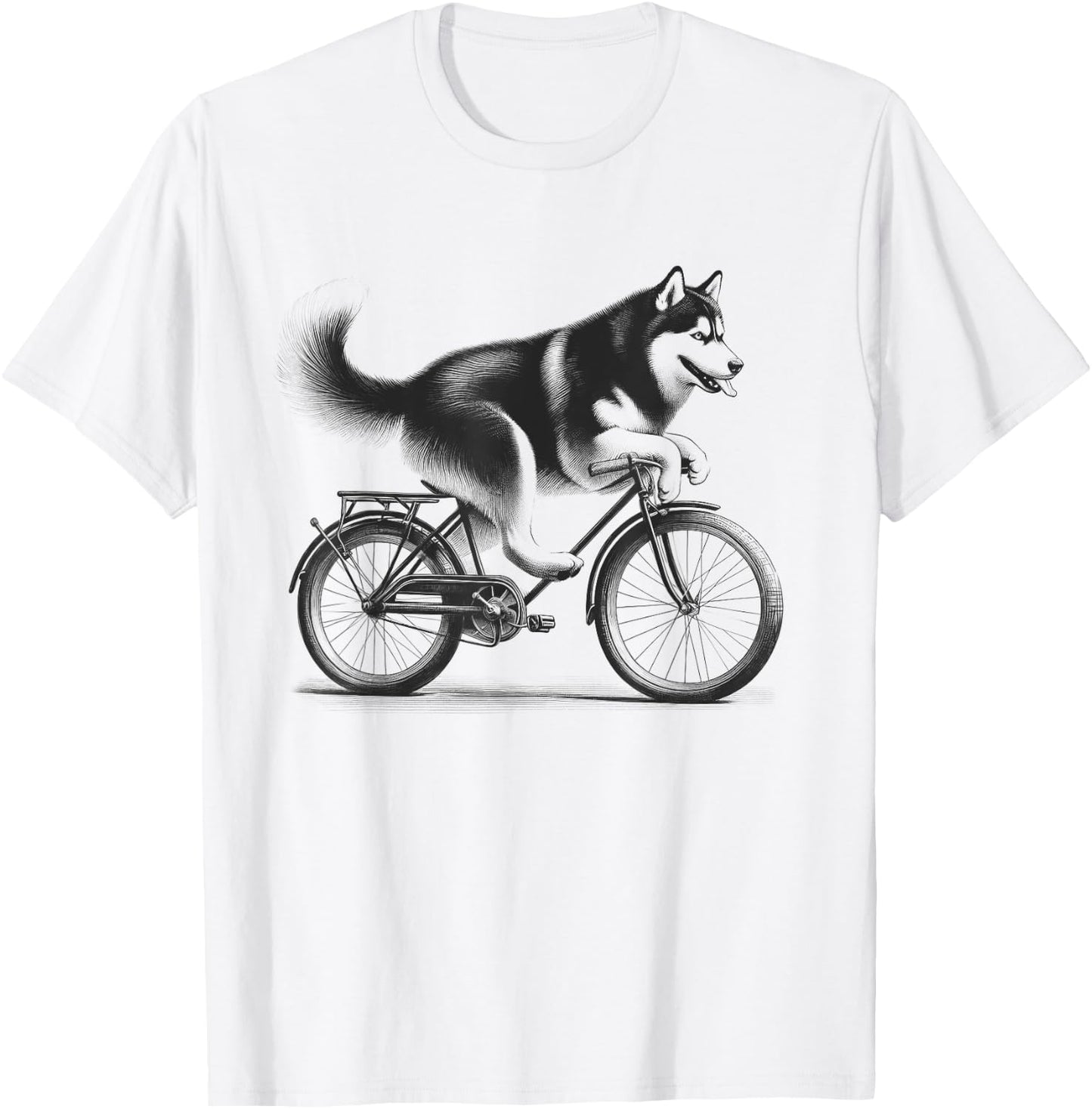Siberian Husky Dog Riding a Bike Bicycle Biker Cycling T-Shirt - T-Shirt | White