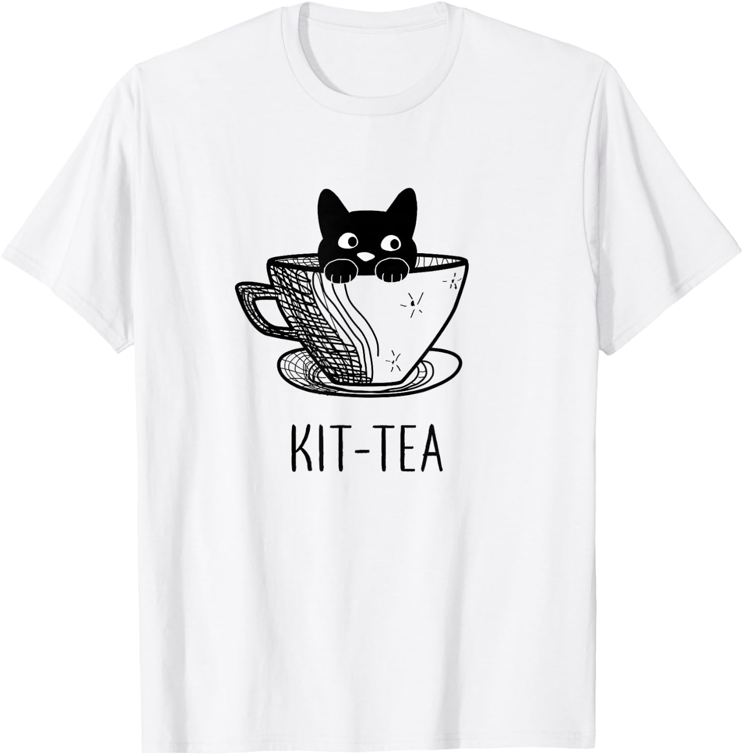 Funny Black Cat Kit-Tea Graphic T-Shirt - T-Shirt | White
