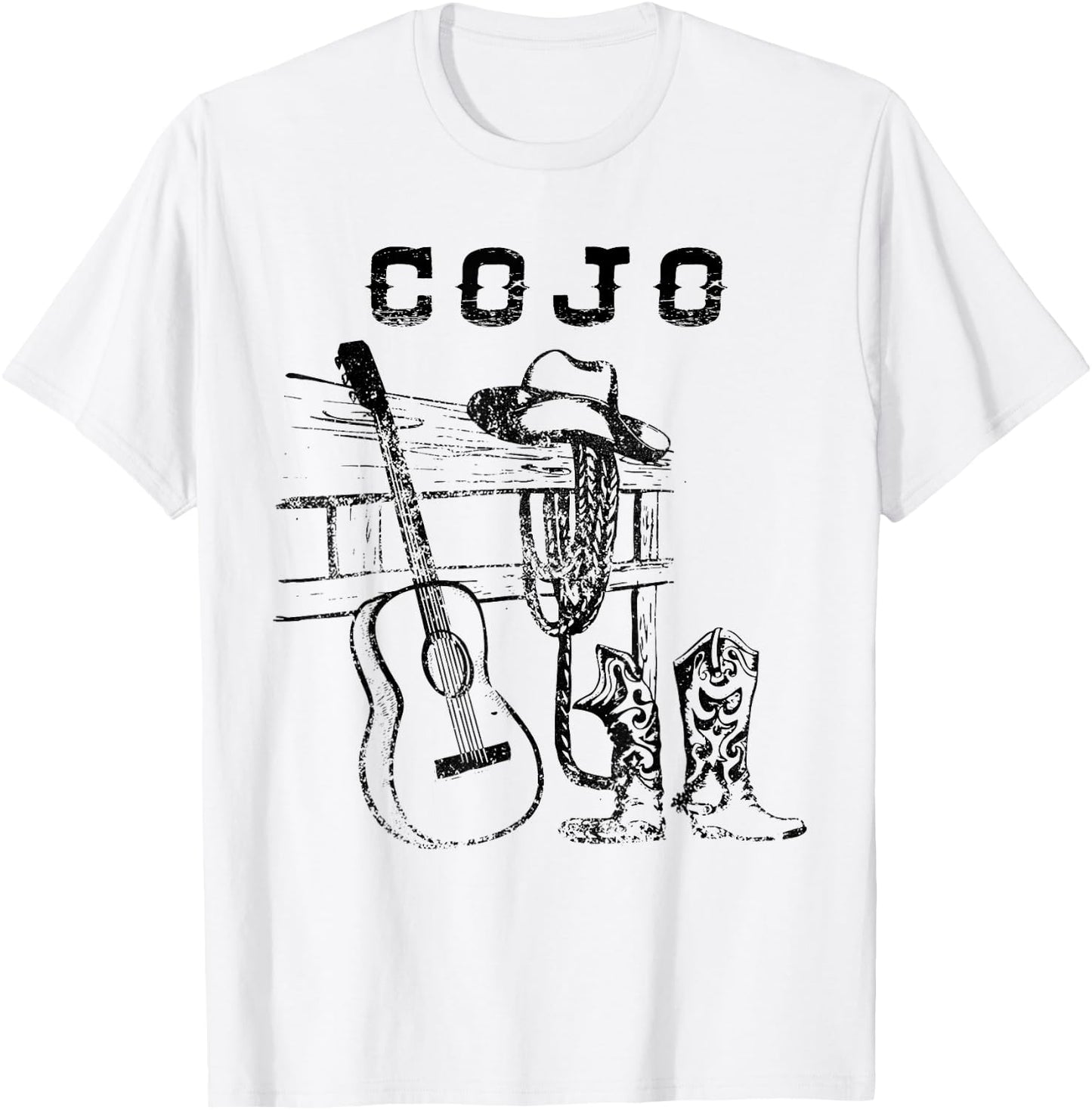 White and Black Cojo Guitar Music Love Cowboy Boots Hat Sand T-Shirt - T-Shirt | White