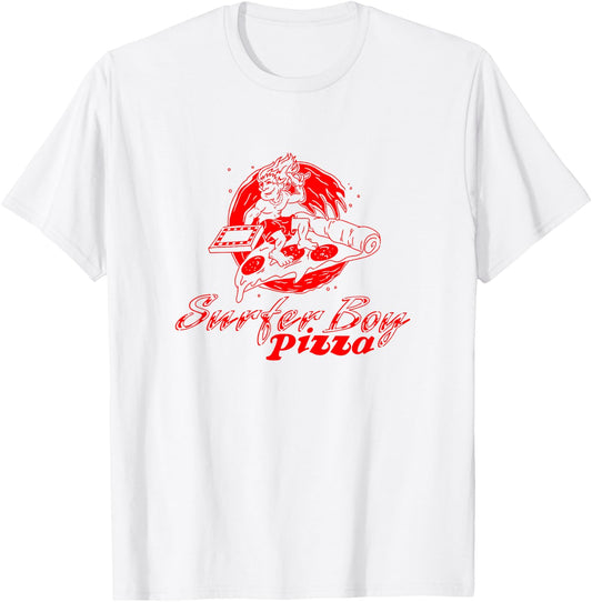 Stranger Things Surfer Boy Pizza Retro Outline Logo T-Shirt - T-Shirt | White
