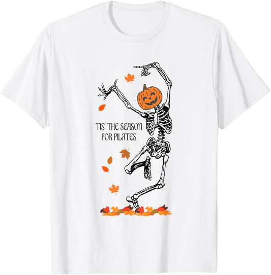 Skeleton Tis The Season For Pilates Meditation Halloween T-Shirt - T-Shirt | White