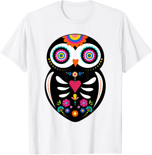 Dia de los Muertos Night Owl Sugar Skull Mexican Halloween T-Shirt - T-Shirt | White