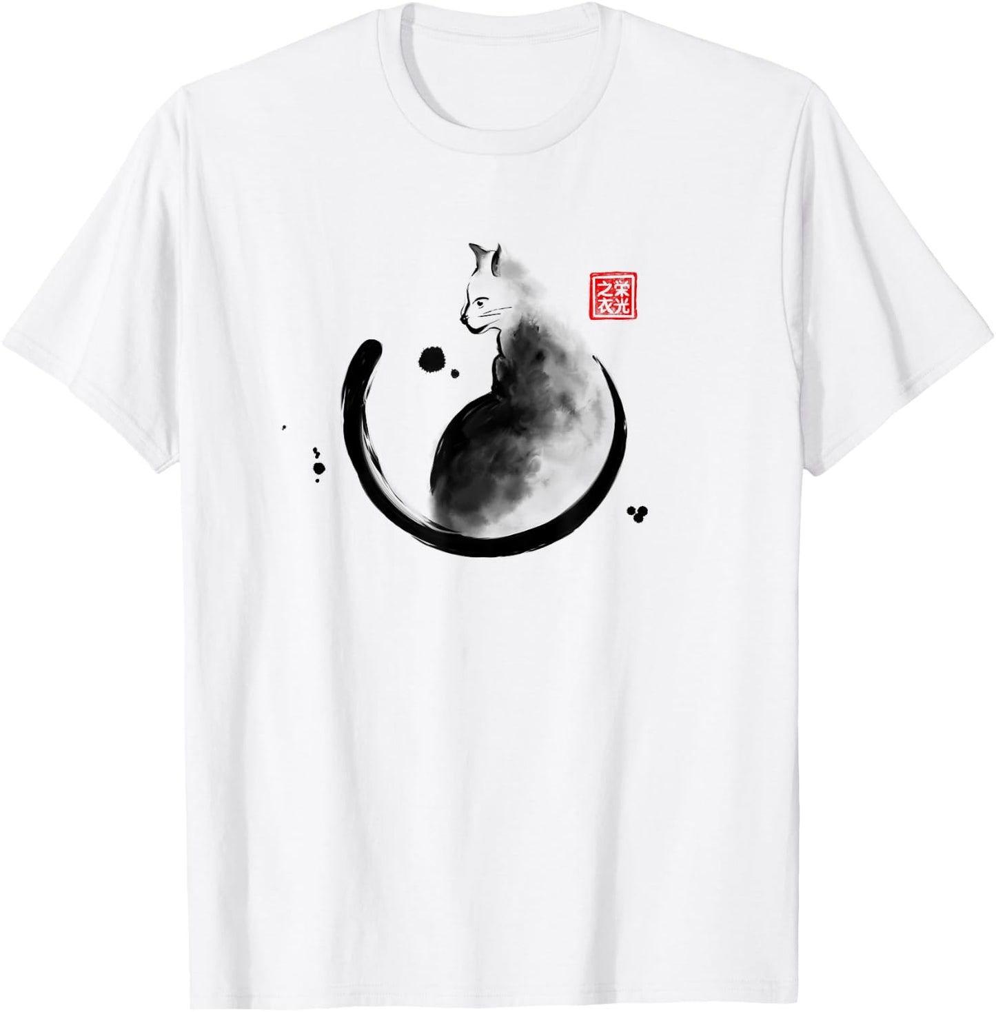 Artistic Cat Feline Japanese Ink Sumi-e Design Men Women Kids T-Shirt - T-Shirt | White
