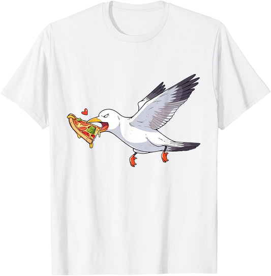 Cranky Seagull Funny Shirt Beach Birds Stealing Pizza Summer T-Shirt - T-Shirt | White