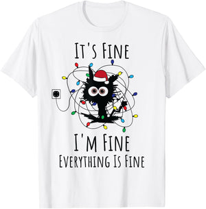 I'm Fine Everything Is Fine Cute Cat Christmas Lights Xmas T-Shirt - T-Shirt | White