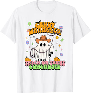 Cute Cowgirl Ghost Retro Western Groovy Halloween Treats T-Shirt - T-Shirt | White