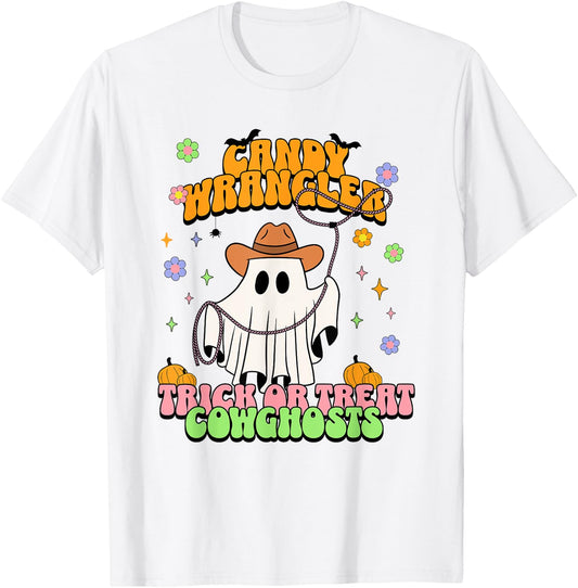 Cute Cowgirl Ghost Retro Western Groovy Halloween Treats T-Shirt - T-Shirt | White