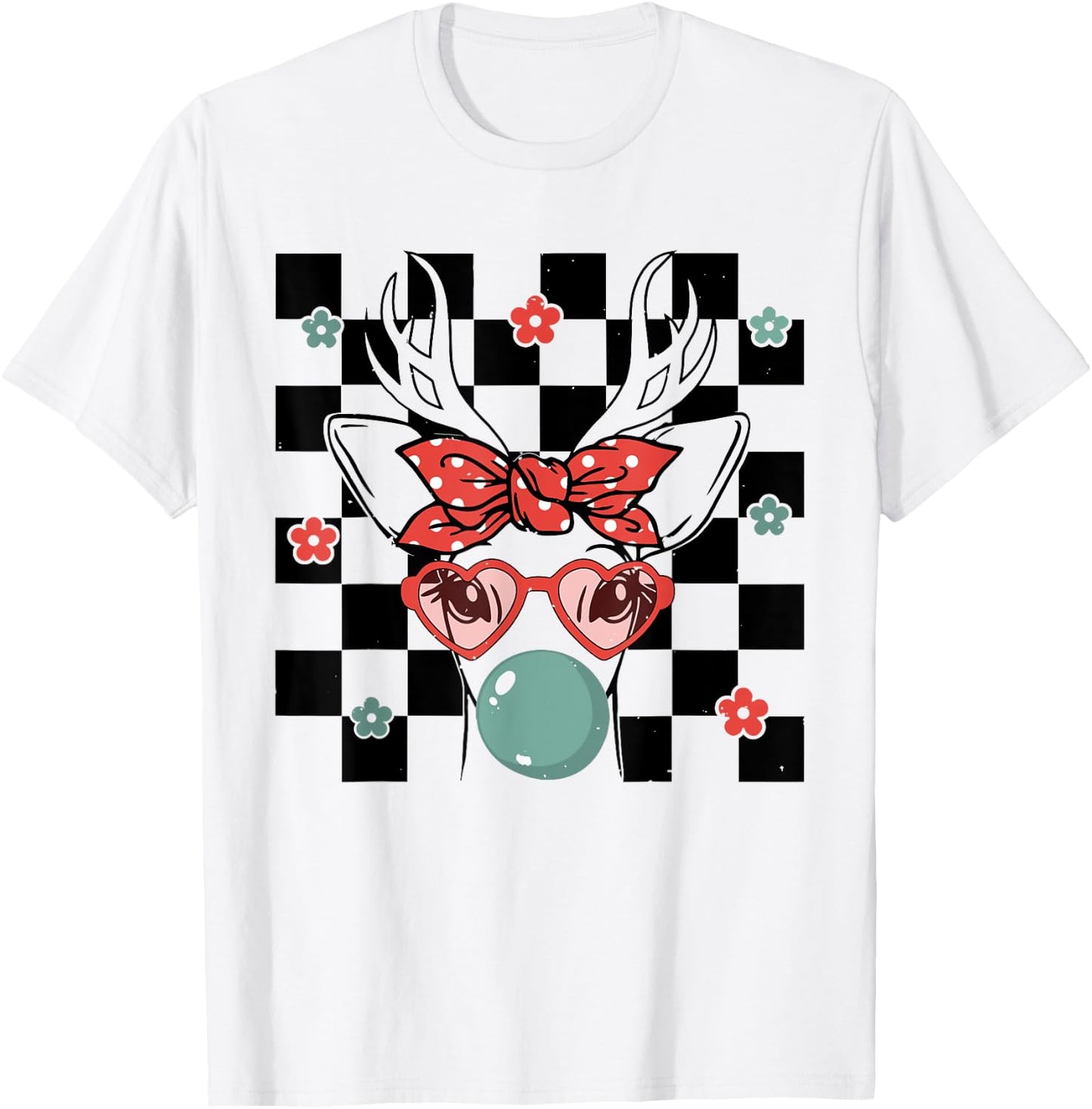 Cute Reindeer Wearing Glasses Bubblegum Checkered Christmas T-Shirt - T-Shirt | White