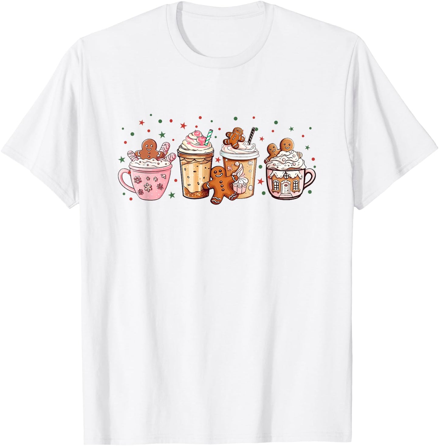 Merry Christmas Gingerbread Cookie Coffee Cups Latte Drink T-Shirt - T-Shirt | White
