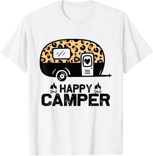 Happy Camper Leopard Funny Matching Camping Crew T-Shirt - T-Shirt | White