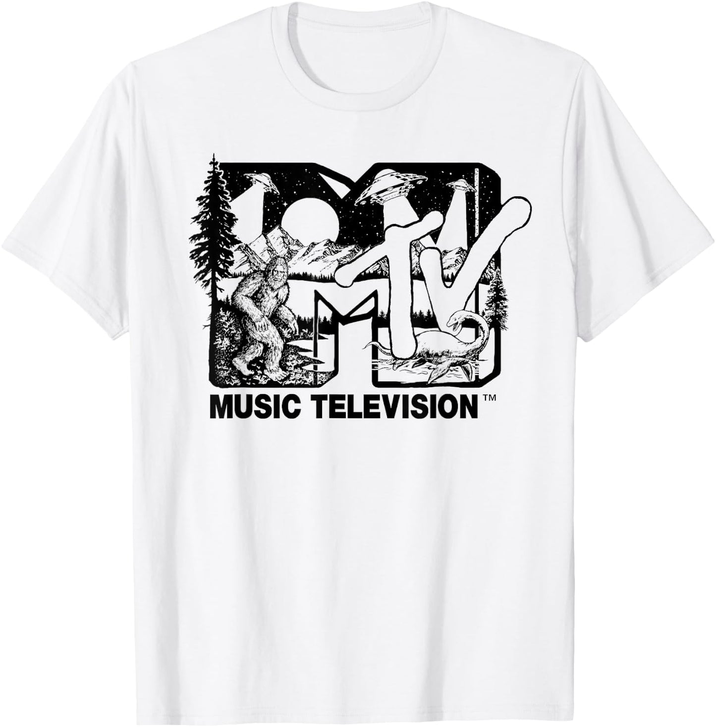 Mademark x MTV - Cryptid-Filled MTV Logo Feat. Bigfoot, UFO, & Nessie Outline T-Shirt - T-Shirt | White