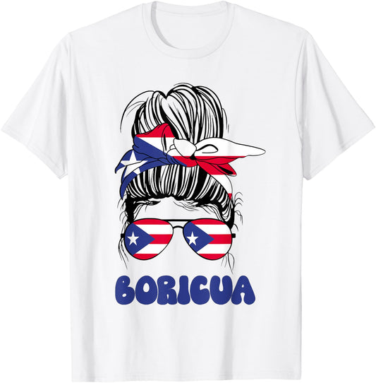 Boricua Puerto Rican Girl Messy Bun, Pride Puerto Rico Flag T-Shirt - T-Shirt | White