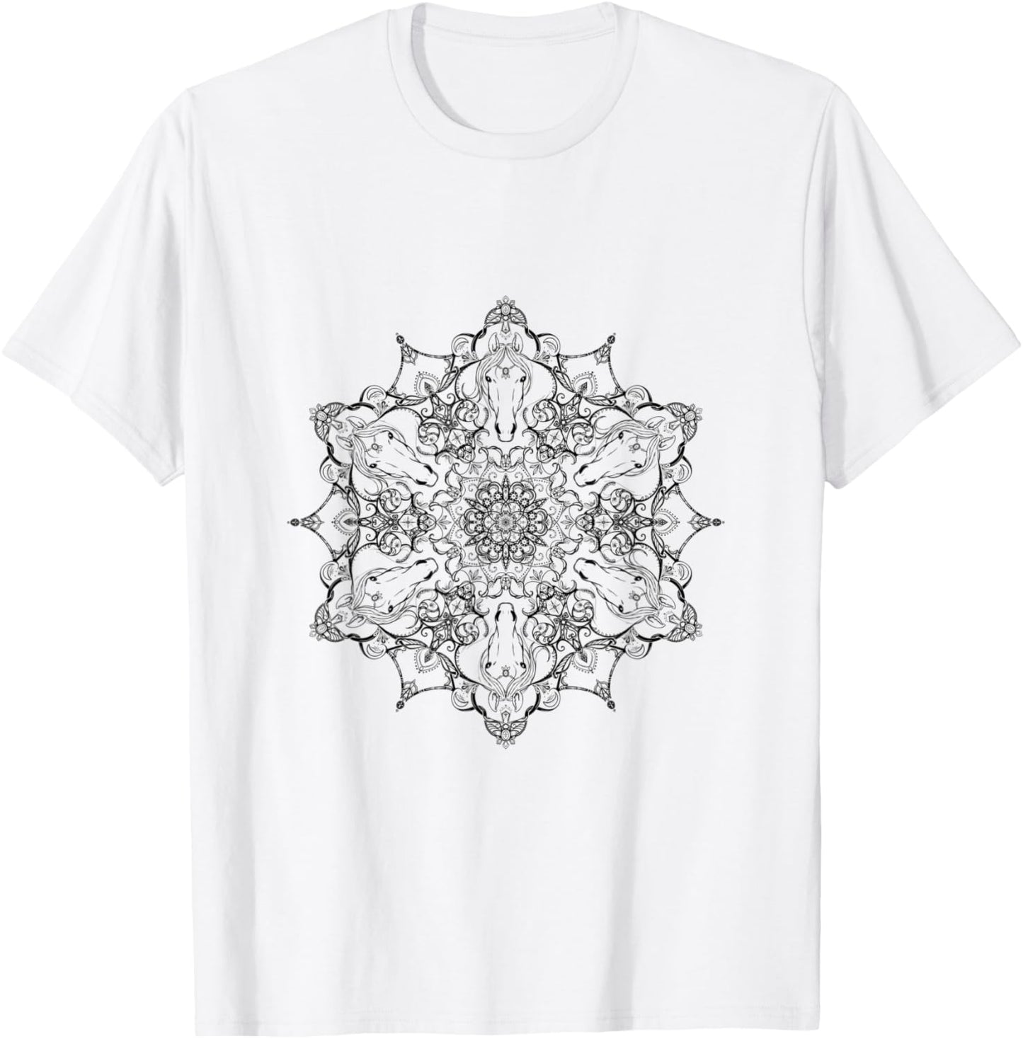 Mystical Magical Black and White Horse Head Mandala T-Shirt - T-Shirt | White