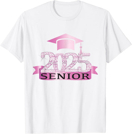 Proud Senior Of 2025 Cap Graduation Year Decor Pink T-Shirt - T-Shirt | White