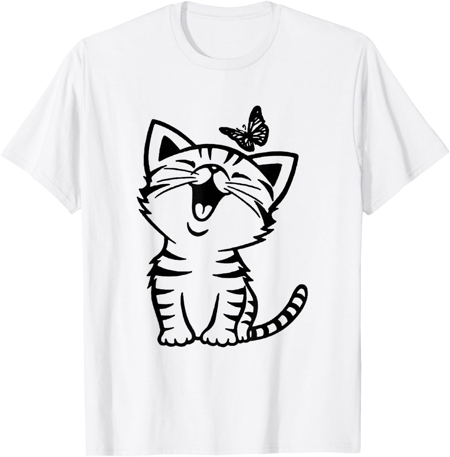Funny Cat And Butterfly T-Shirt - T-Shirt | White