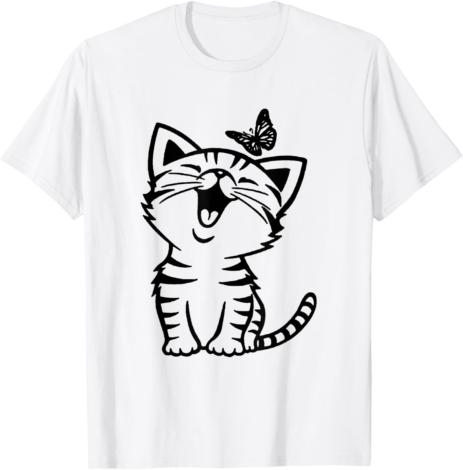 Funny Cat And Butterfly T-Shirt - T-Shirt | White