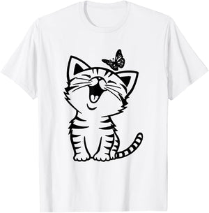 Funny Cat And Butterfly T-Shirt - T-Shirt | White