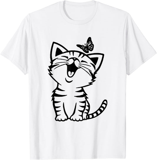 Funny Cat And Butterfly T-Shirt - T-Shirt | White