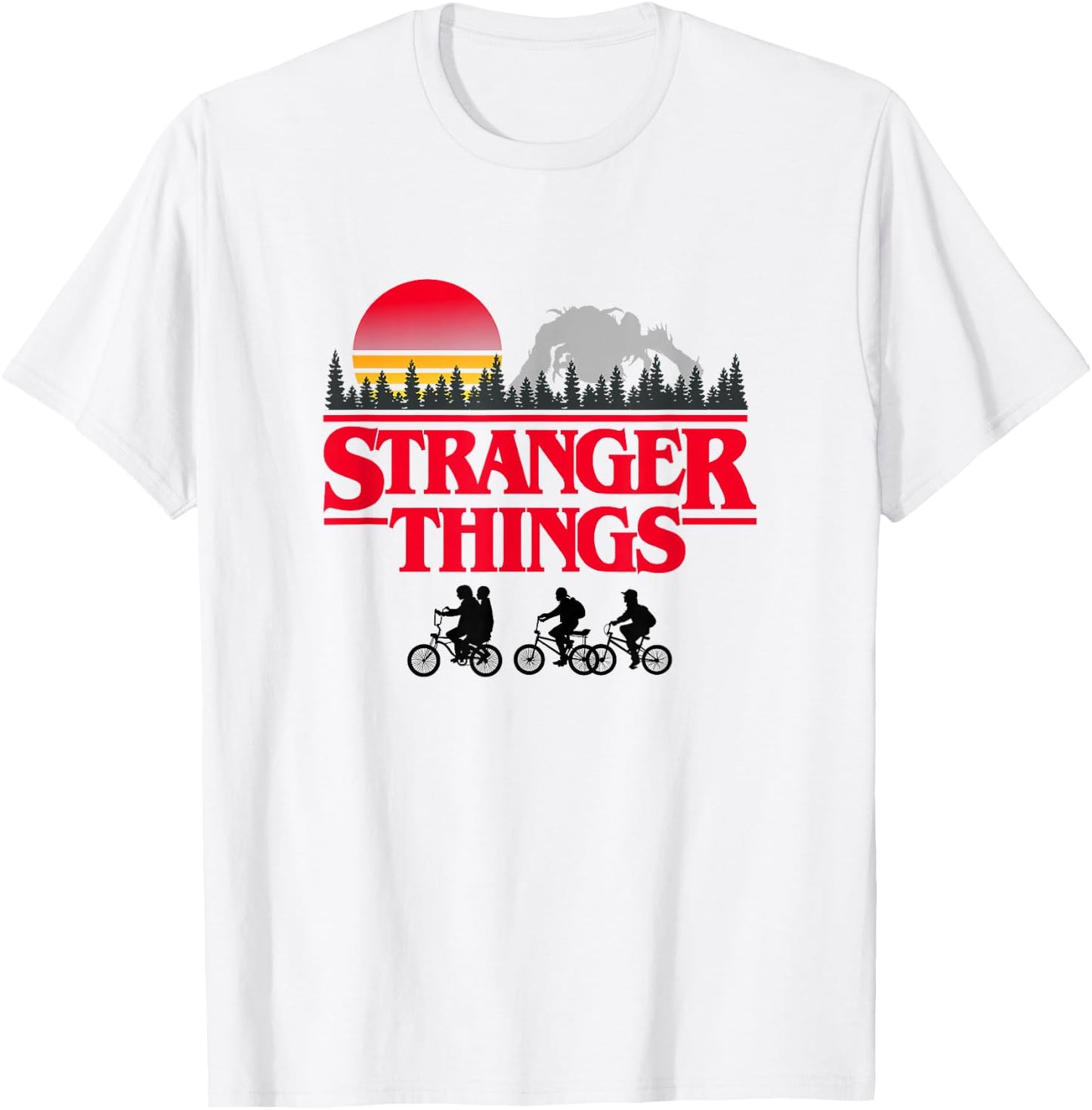 Stranger Things Retro Vintage Sunset Group Bike Silhouettes T-Shirt - T-Shirt | White