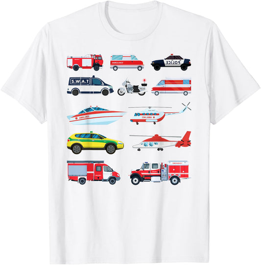 Emergency Vehicles, Emergency Boy and Girl T-Shirt - T-Shirt | White