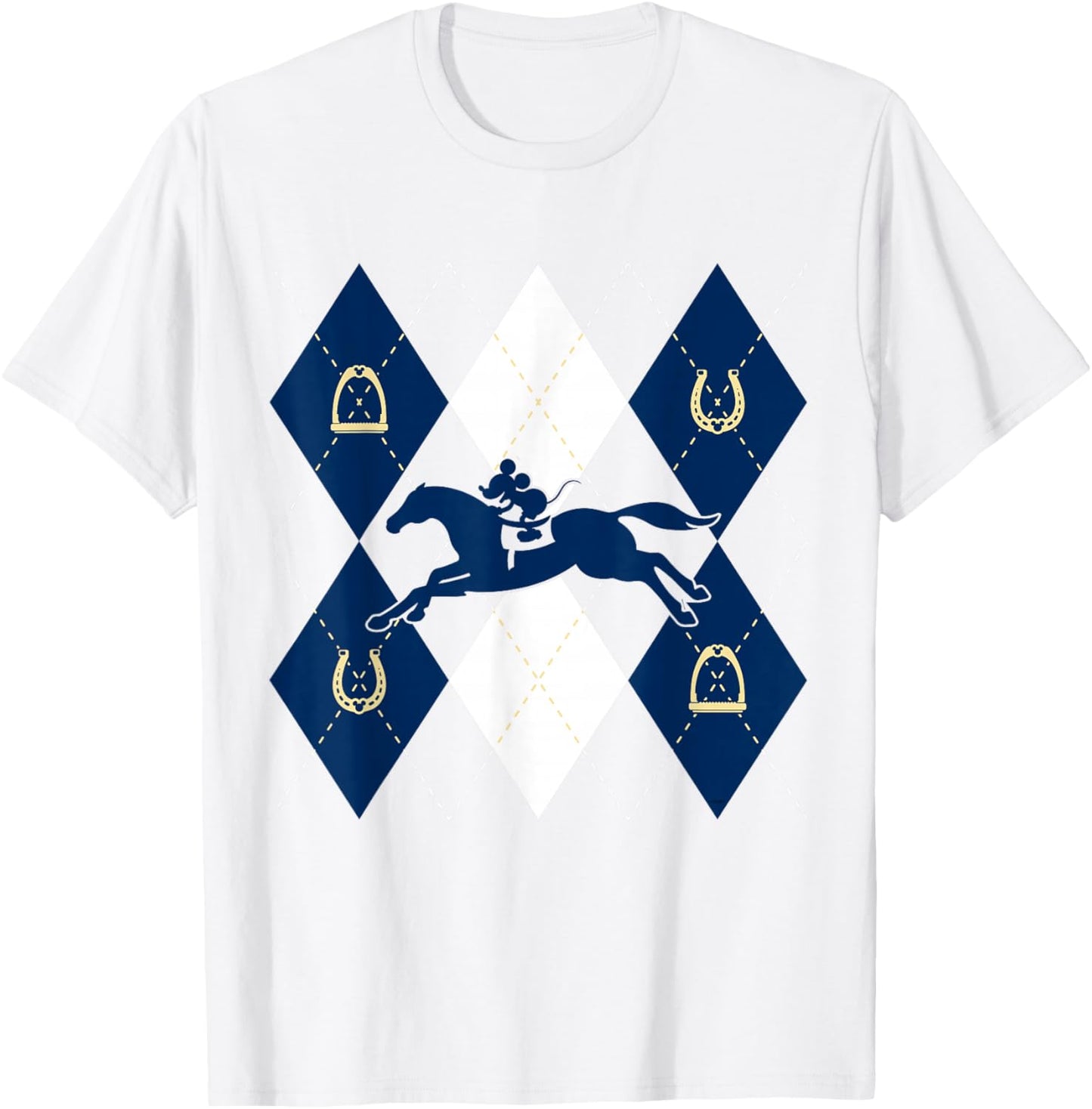 Disney Mickey Mouse Horse Racing Silhouette Argyle Pattern T-Shirt - T-Shirt | White