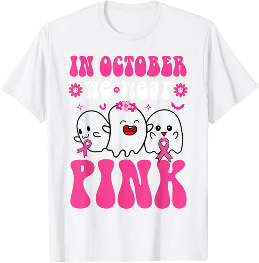 Groovy Wear Pink Breast Cancer Warrior Ghost Halloween Girls T-Shirt - T-Shirt | White