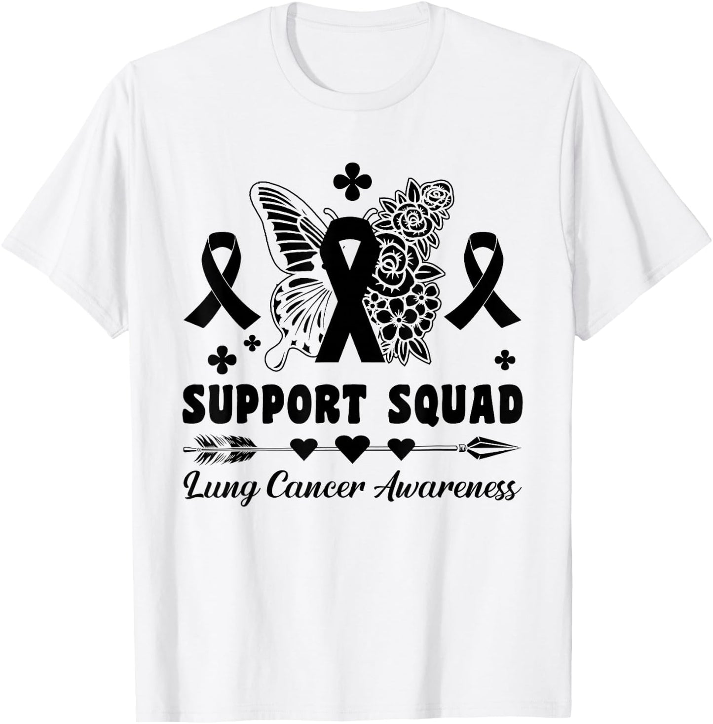 Butterflies Ribbon White Lung Cancer Awareness Support Squad T-Shirt - T-Shirt | White